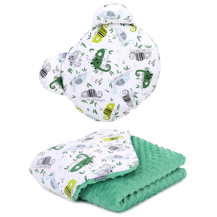 MAMO-TATO Kocyk dla niemowląt z poduszką MIŚ - Kameleony zielone / zielony