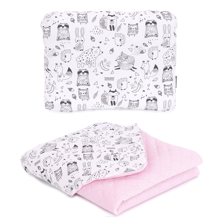 MAMO-TATO Children's blanket set 75x100 PREMIUM Velvet quilted + pillow PREMIUM - Bór biały / jasny róż - without filling