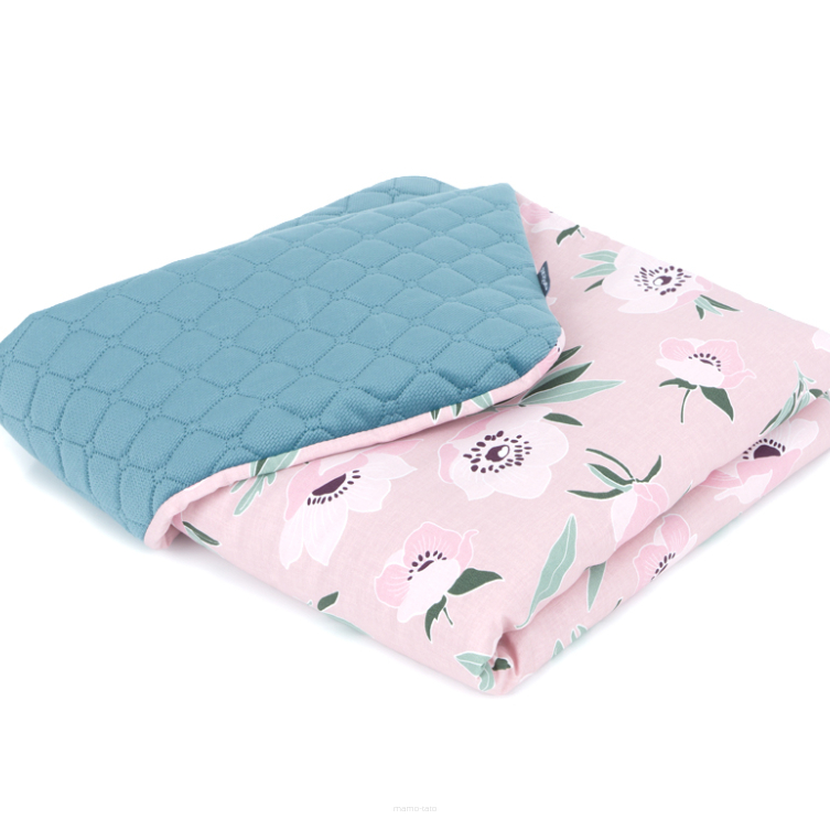 MAMO-TATO Blanket for children and babies 75x100 PREMIUM Velvet double-sided quilted Kwiaty na różanym / nepalska zieleń - with filling
