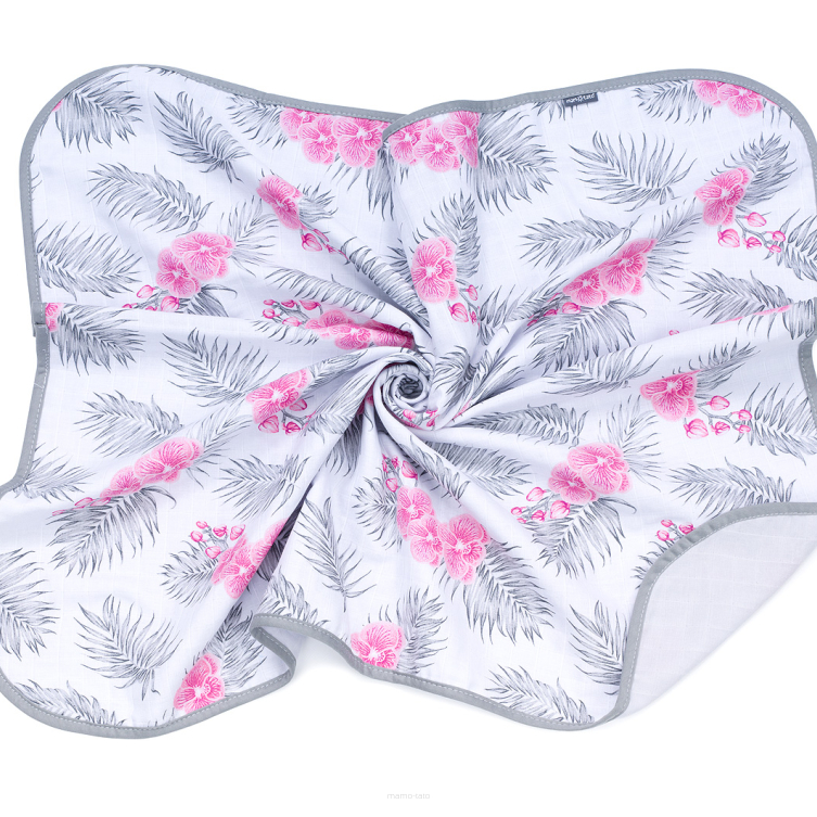 MAMO-TATO Two-layer muslin blanket for children and babies - Kwiaty / popiel