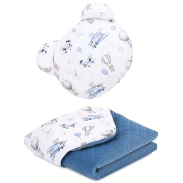 MAMO-TATO Kocyk dla niemowląt z poduszką MIŚ - Lis w samolocie błękit / jeans