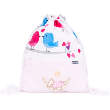 Plecak / worek bawełniany dla dzieci - Ptaszki na bieli / śpioch w hamaku w różu