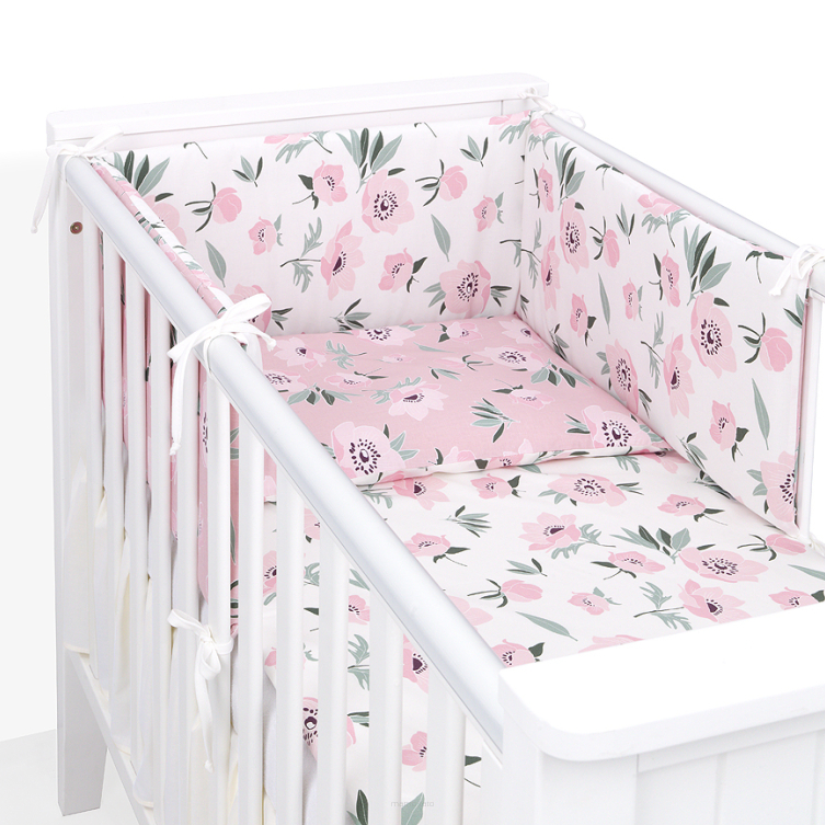 MAMO-TATO 3-el dwustronna pościel dla niemowląt 90x120 PREMIUM do łóżeczka 60x120 Kwiaty na ecru / kwiaty na różanym