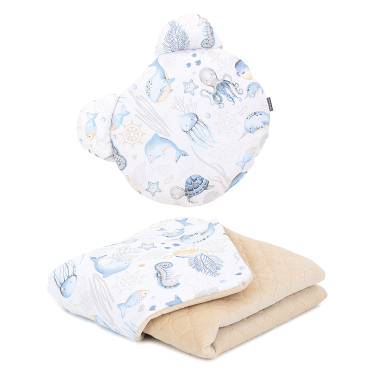 MAMO-TATO Kocyk dla niemowląt z poduszką MIŚ - Ocean błękitny/ piaskowy