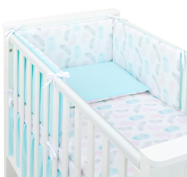 MAMO-TATO 3-el dwustronna pościel dla niemowląt PREMIUM do łóżeczka 70x140 Piórka pastelowe / turkus