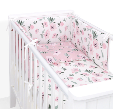 MAMO-TATO 3-el dwustronna pościel dla niemowląt 100x135 PREMIUM do łóżeczka 60x120 Kwiaty na ecru / kwiaty na różanym