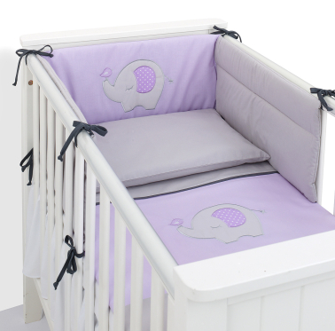 MAMO-TATO 3-el pościel dla niemowląt 100x135 do łóżeczka70x140cm - Słonik fioletowy / popiel