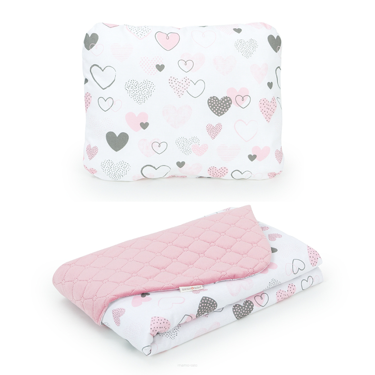 MAMO-TATO Baby blanket set 75x100 Velvet quilted + pillow Pastelowe serduszka / różany - with filling